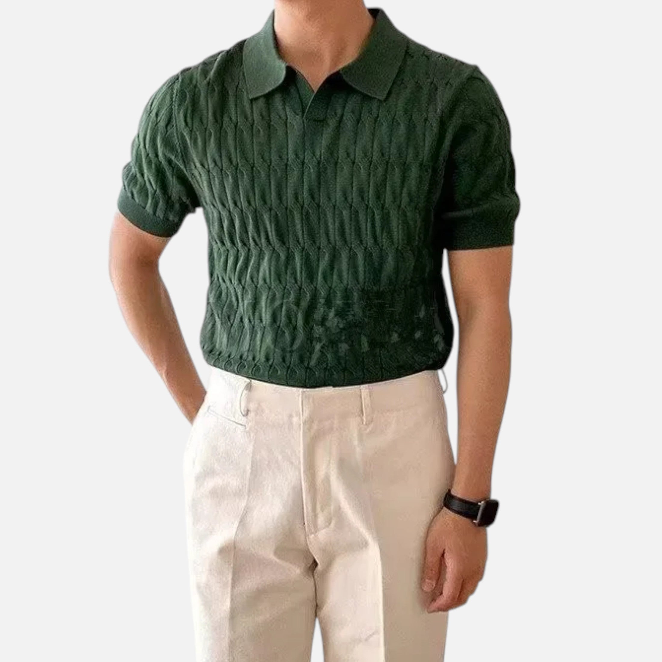 Dorevelle | Men’s Knitted Polo Shirt – Jacquard V-Neck Elegance