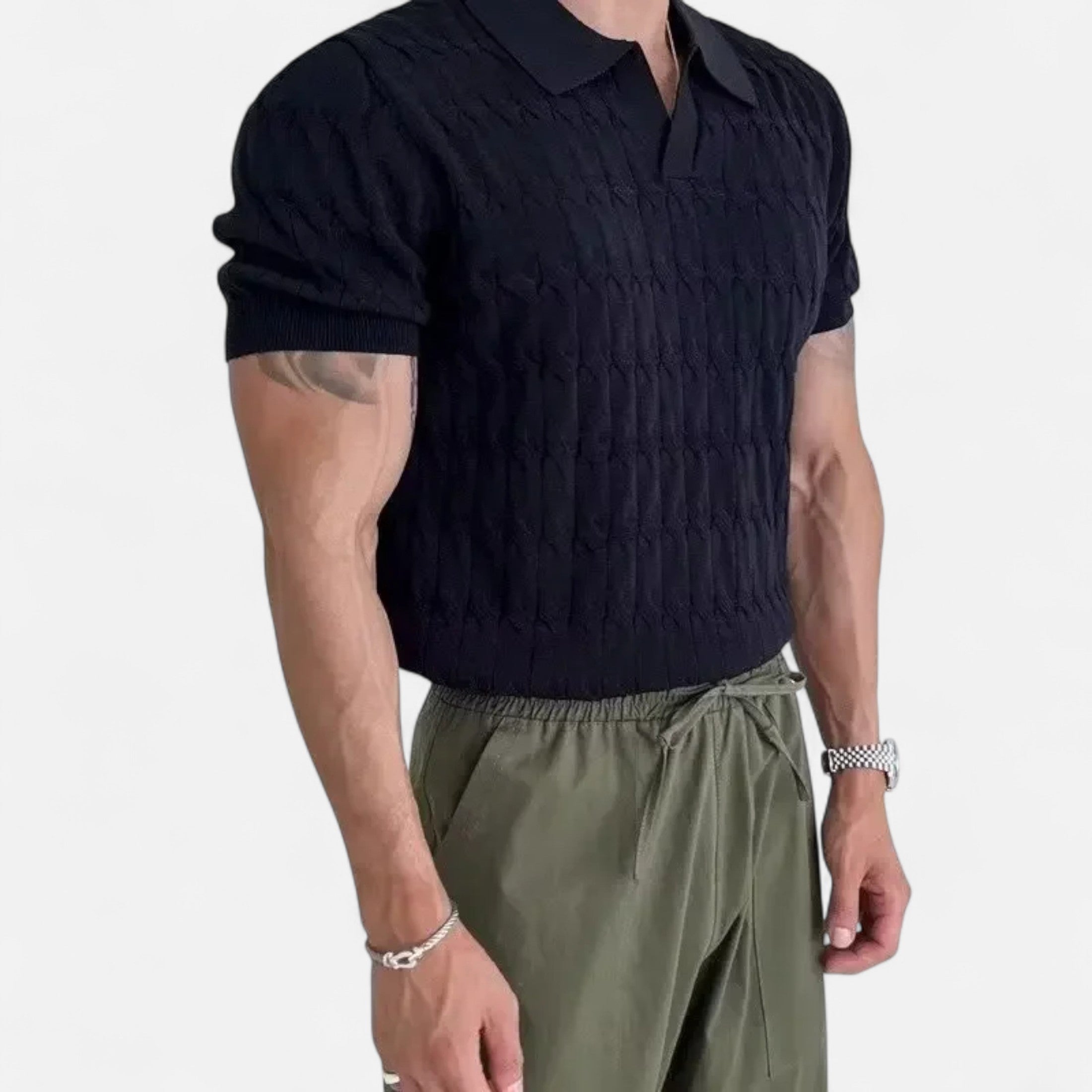 Dorevelle | Men’s Knitted Polo Shirt – Jacquard V-Neck Elegance