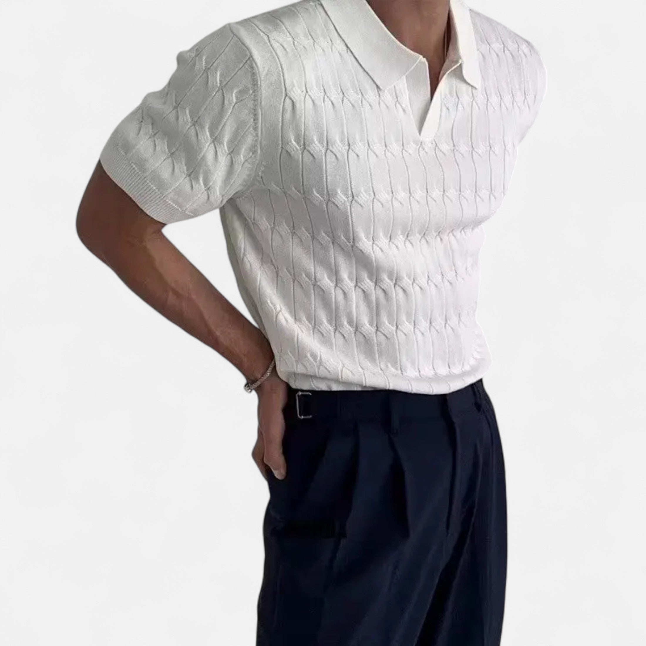 Dorevelle | Men’s Knitted Polo Shirt – Jacquard V-Neck Elegance