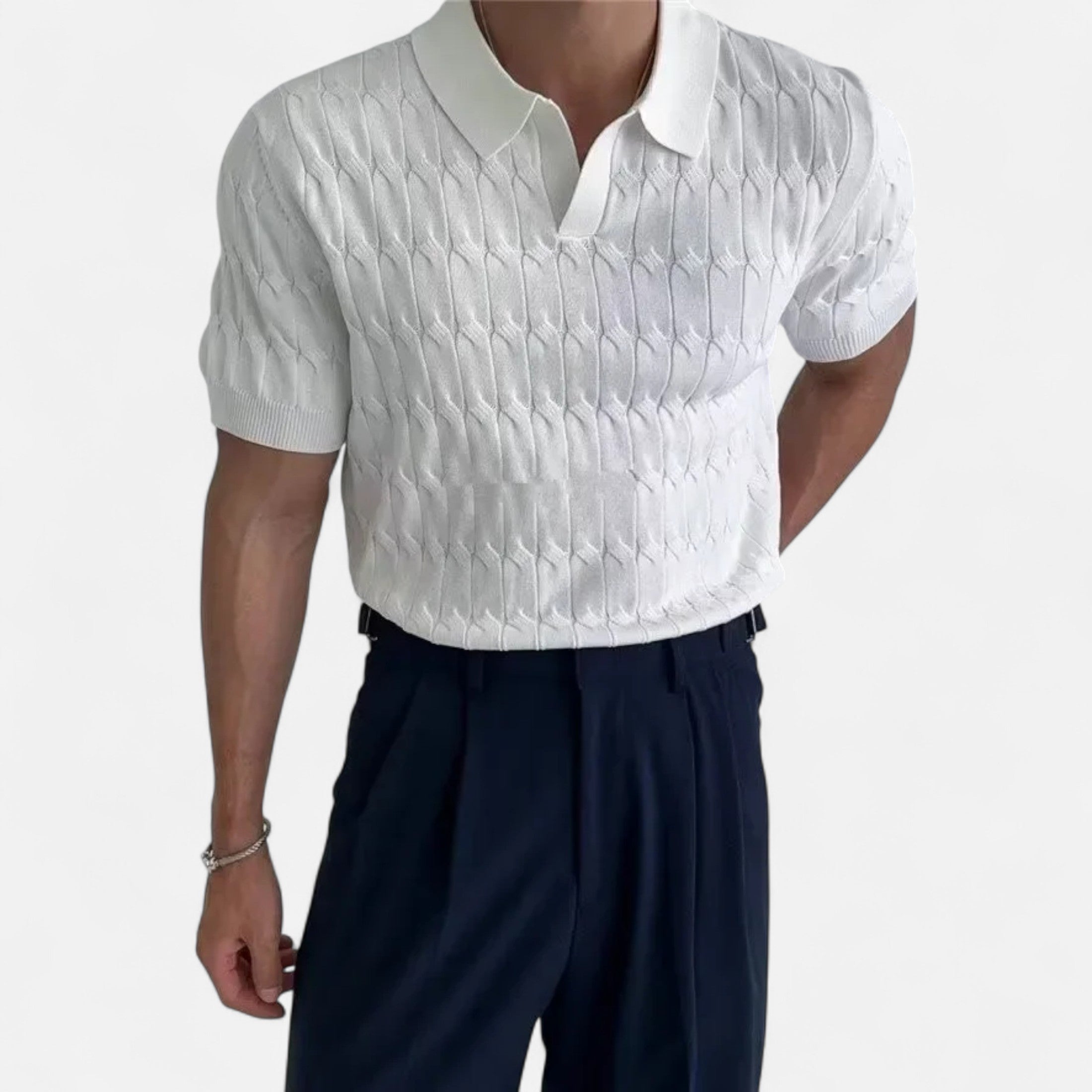 Dorevelle | Men’s Knitted Polo Shirt – Jacquard V-Neck Elegance
