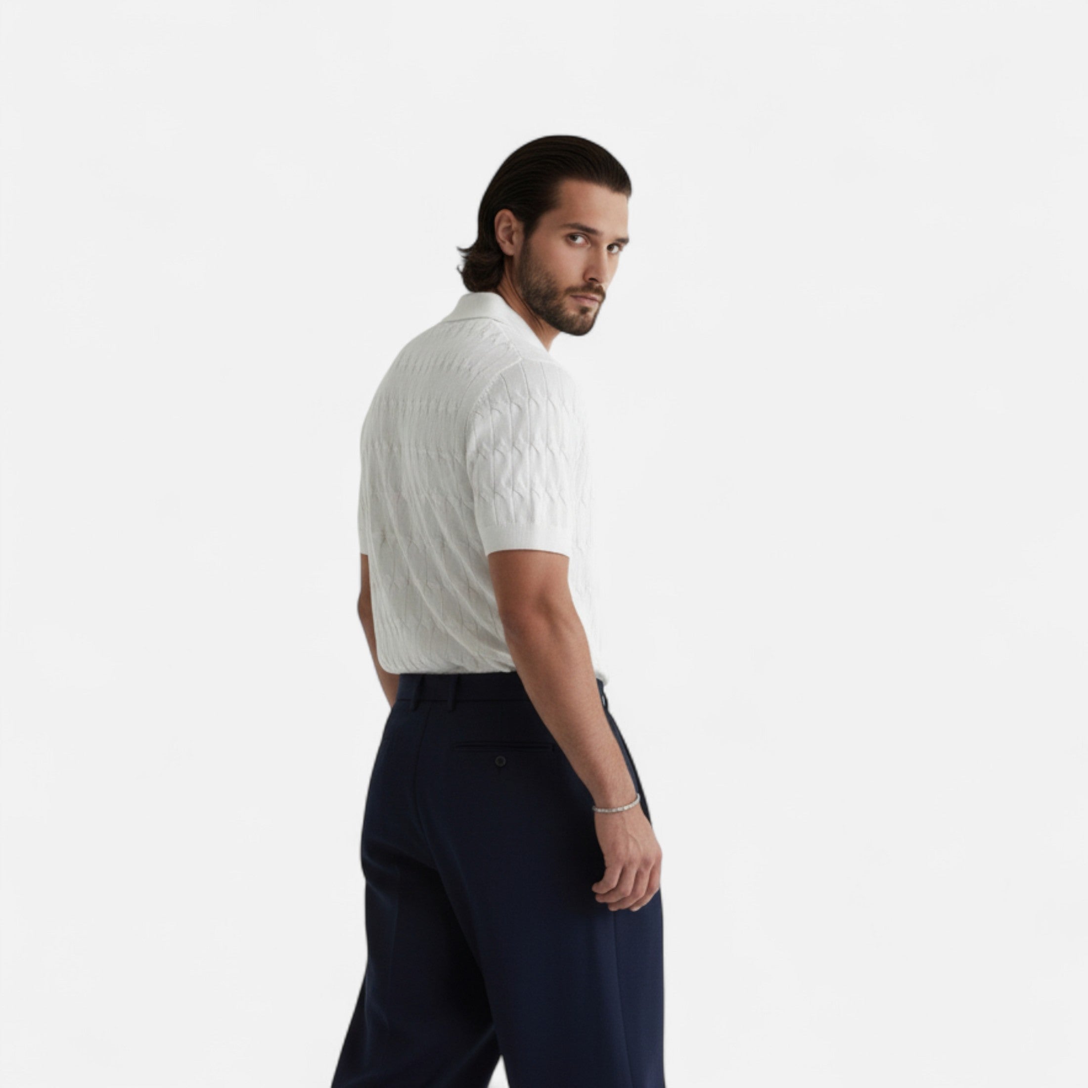 Dorevelle | Men’s Knitted Polo Shirt – Jacquard V-Neck Elegance