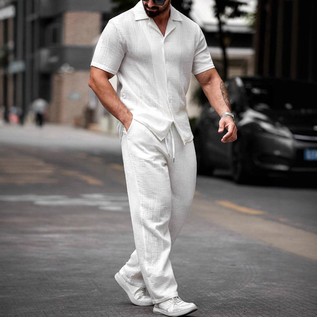 Luxe Linnenlook Set voor Heren | Korte Mouwen Shirt & Broek | Smart Resortwear in Crèmekleur