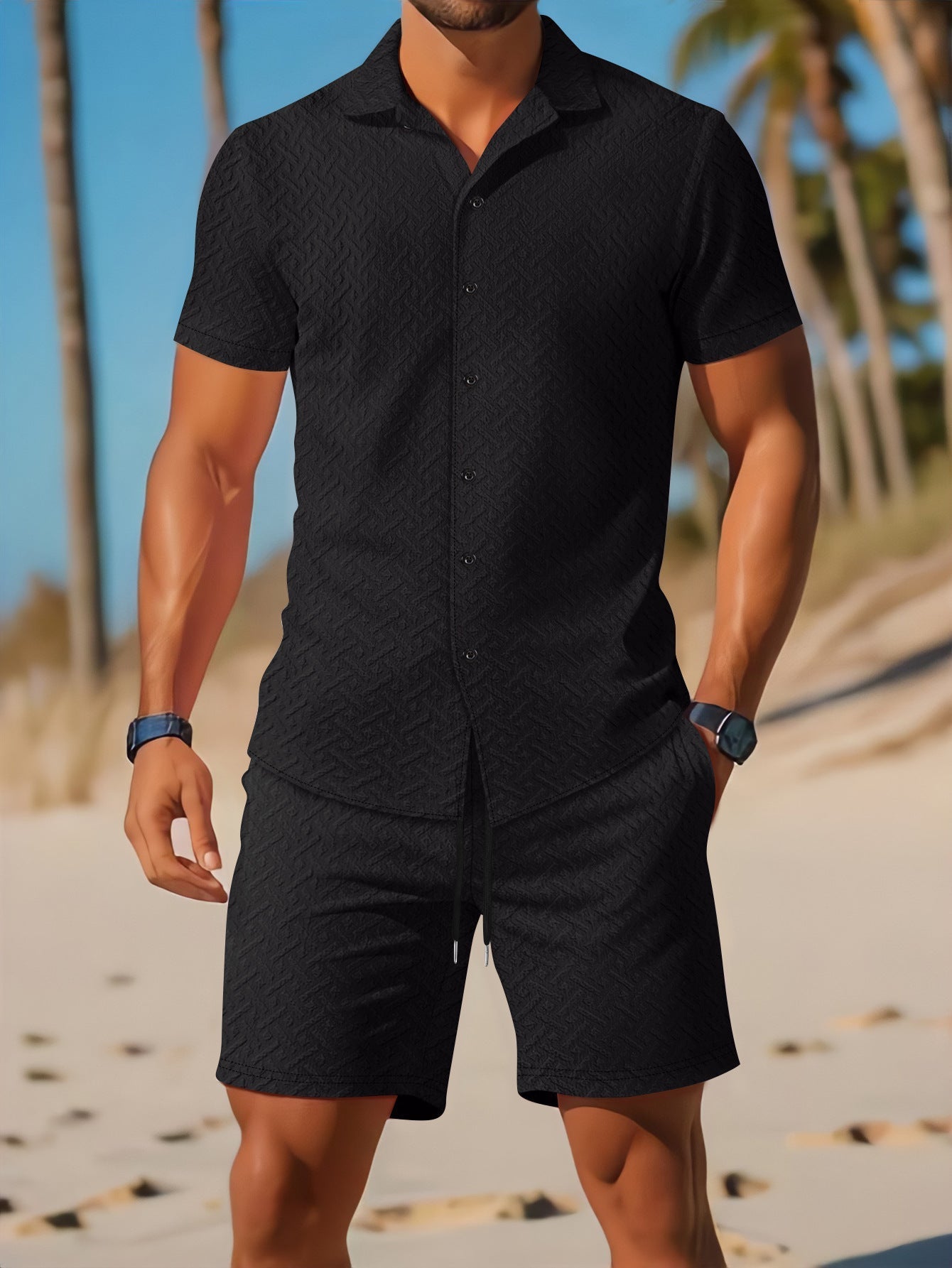 Zomerse Co-ord Set voor Heren | Stretch Polo & Shorts | Effen Kleur met Subtiele Textuur